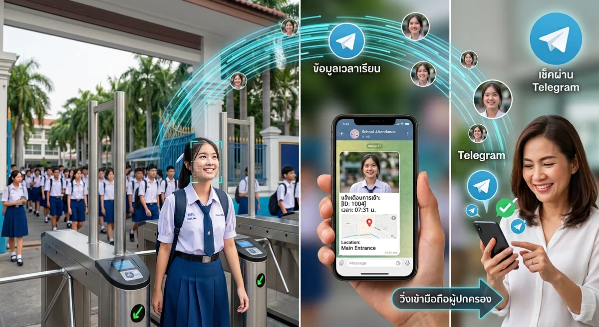 เครื่องสแกนใบหน้าลงเวลาหน้าโรงเรียน แจ้งเตือนผู้ปกครองผ่าน Telegram แบบ Real-Time